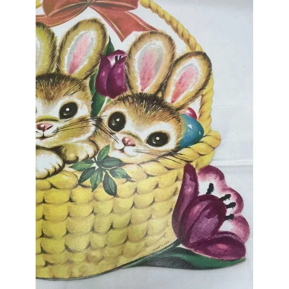 VTG Die Cut Cardboard Easter Decoration Brown Rabbits in Basket with Egg Tulips